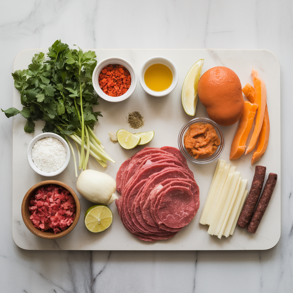 Ingredients for Crispy Beef & Chorizo Enchilada Stacks with Smoky Cheese Sauce