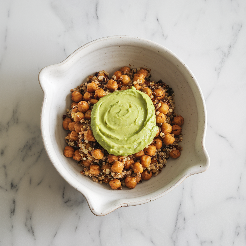 Crispy Chickpea & Quinoa Skillet with Zesty Avocado Dressing