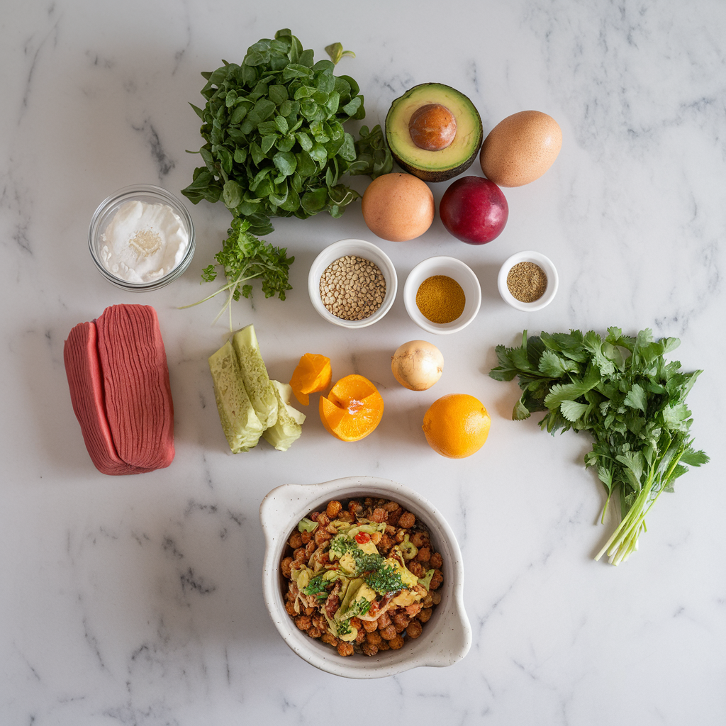 Ingredients for Crispy Chickpea & Quinoa Skillet with Zesty Avocado Dressing