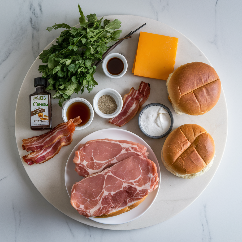 Ingredients for Crispy Maple-Bacon Pork Chop Sandwiches with Cheddar Crunch
