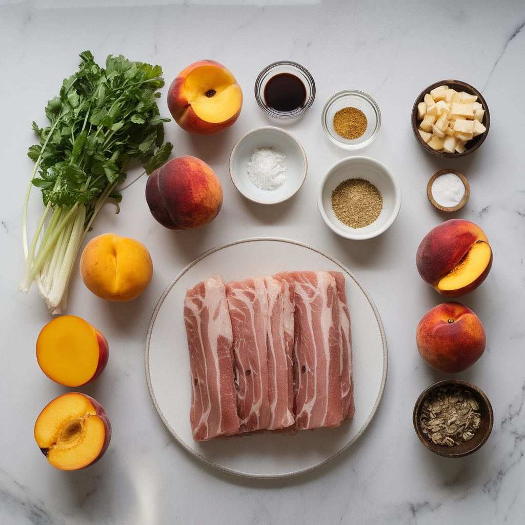 Ingredients for Crispy Pork Belly & Charred Peach Salad with Maple-Balsamic Glaze