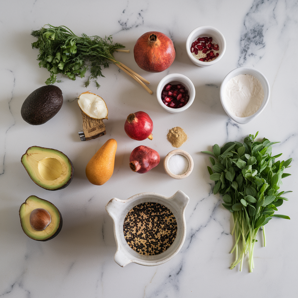 Ingredients for Decadent Avocado Cocoa Mousse with Pomegranate and Toasted Quinoa