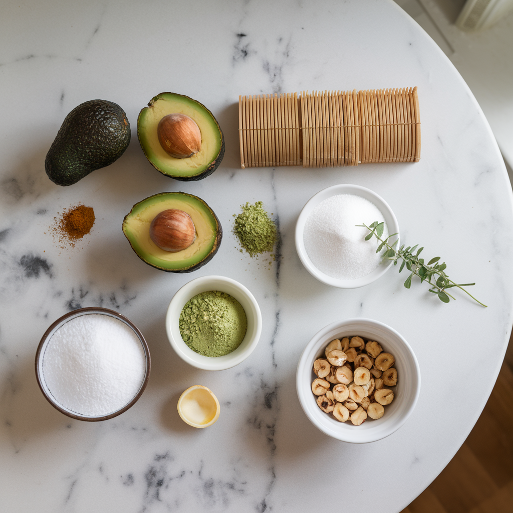 Ingredients for Decadent Avocado Matcha Mousse with Hazelnut Crunch