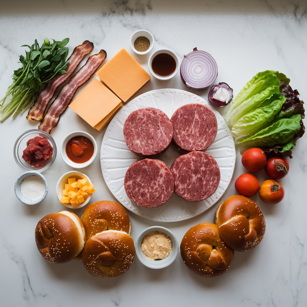 Ingredients for Decadent Bacon Cheeseburger Stuffed Pretzel Rolls
