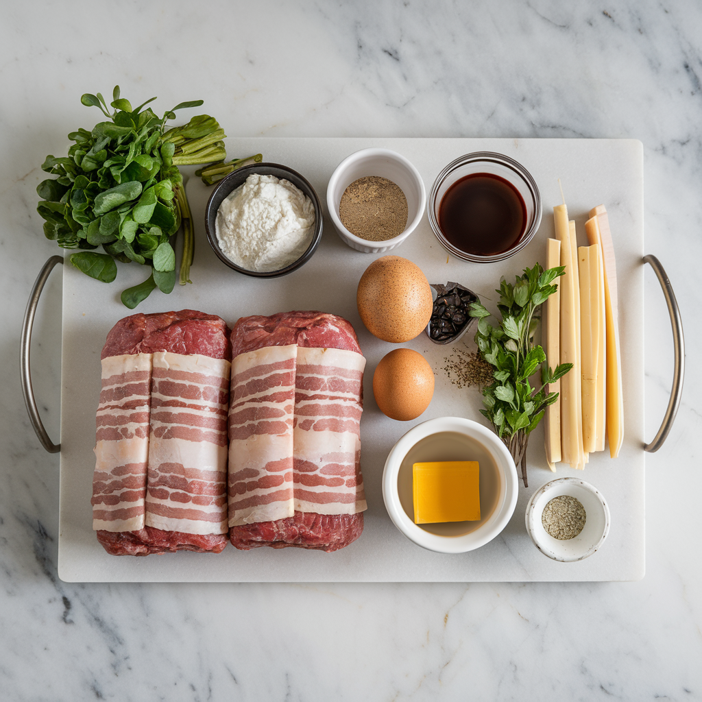 Ingredients for Decadent Bacon-Wrapped Breakfast Meatloaf with Cheesy Egg Surprise