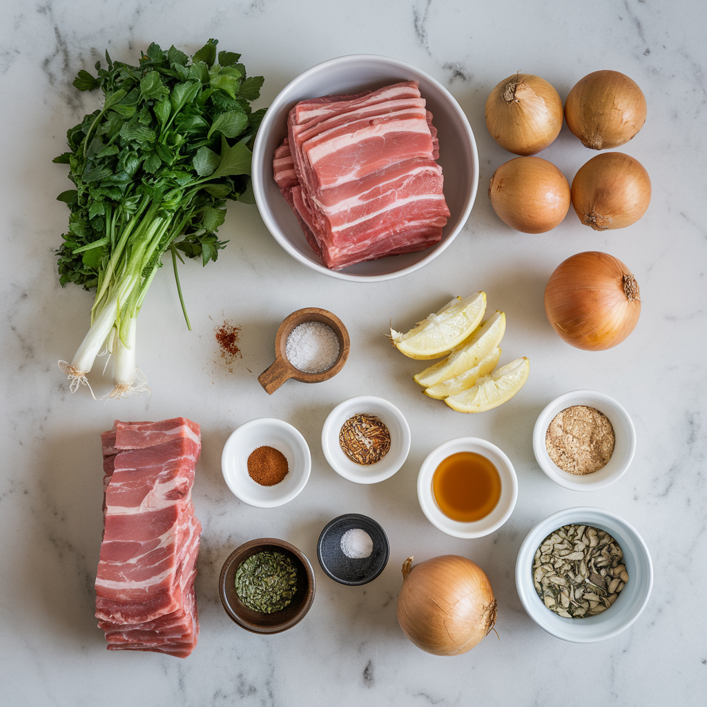 Ingredients for Decadent Barbecue Pork Belly & Crispy Onion Salad