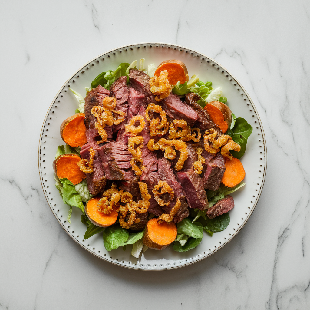 Decadent BBQ Beef & Sweet Potato Salad with Crispy Onion Crunch