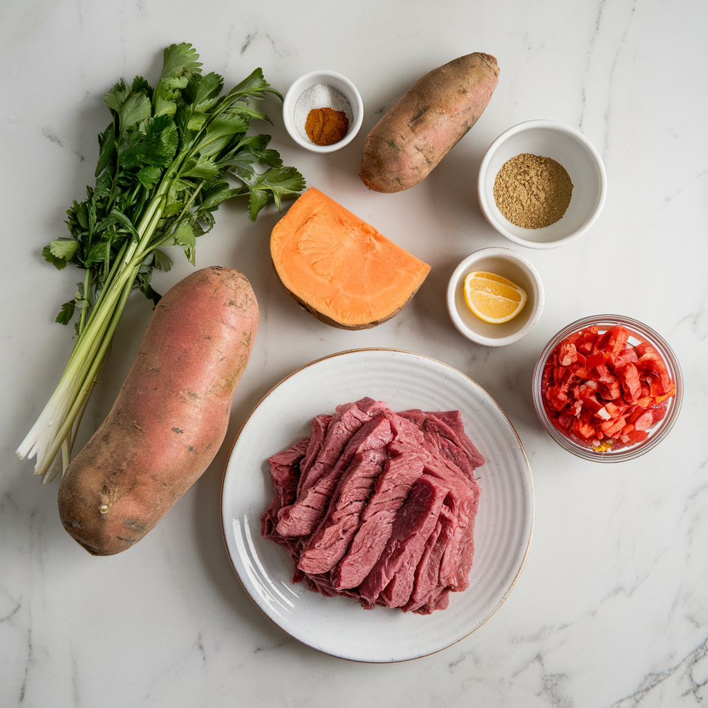 Ingredients for Decadent BBQ Beef & Sweet Potato Salad with Crispy Onion Crunch