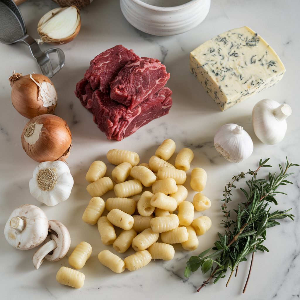 Ingredients for Decadent Beef and Blue Cheese Skillet Gnocchi
