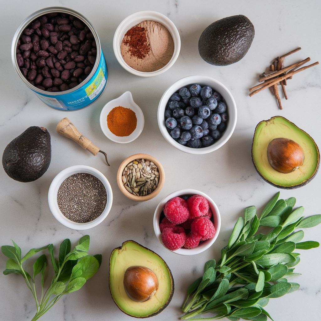 Ingredients for Decadent Black Bean Cacao Avocado Mousse with Berry Chia Swirl