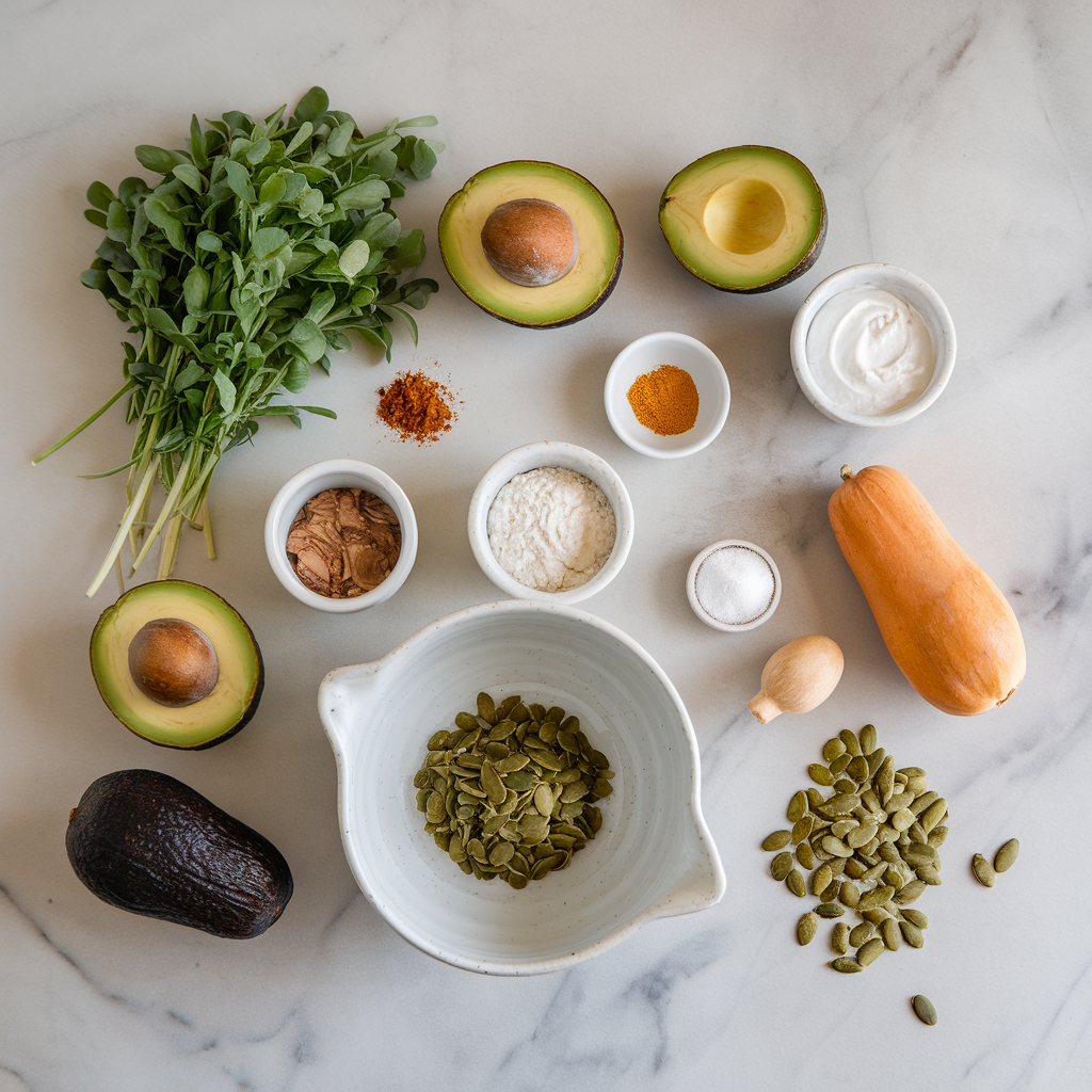 Ingredients for Decadent Cacao-Avocado Mousse with Spiced Pumpkin Seed Crunch