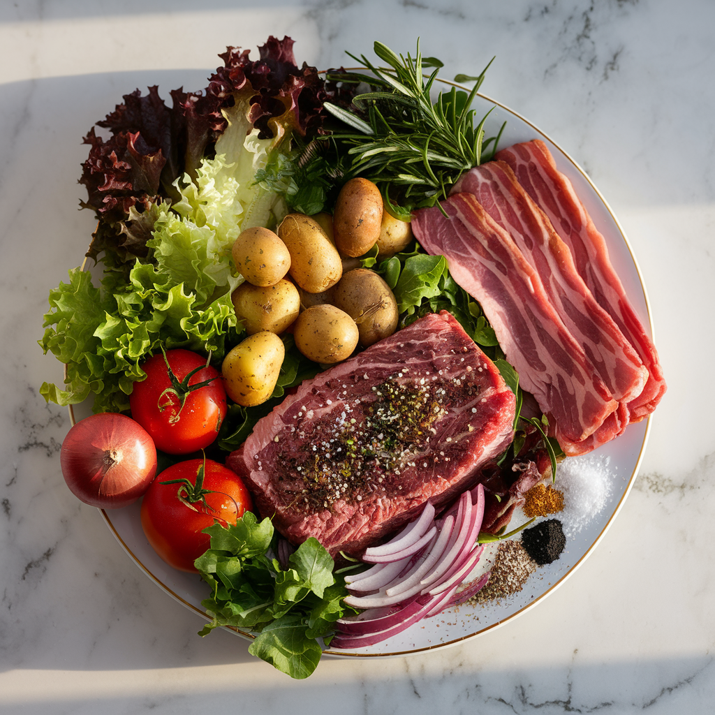 Ingredients for Decadent Steak and Bacon Loaded Salad with Crispy Potato Croutons