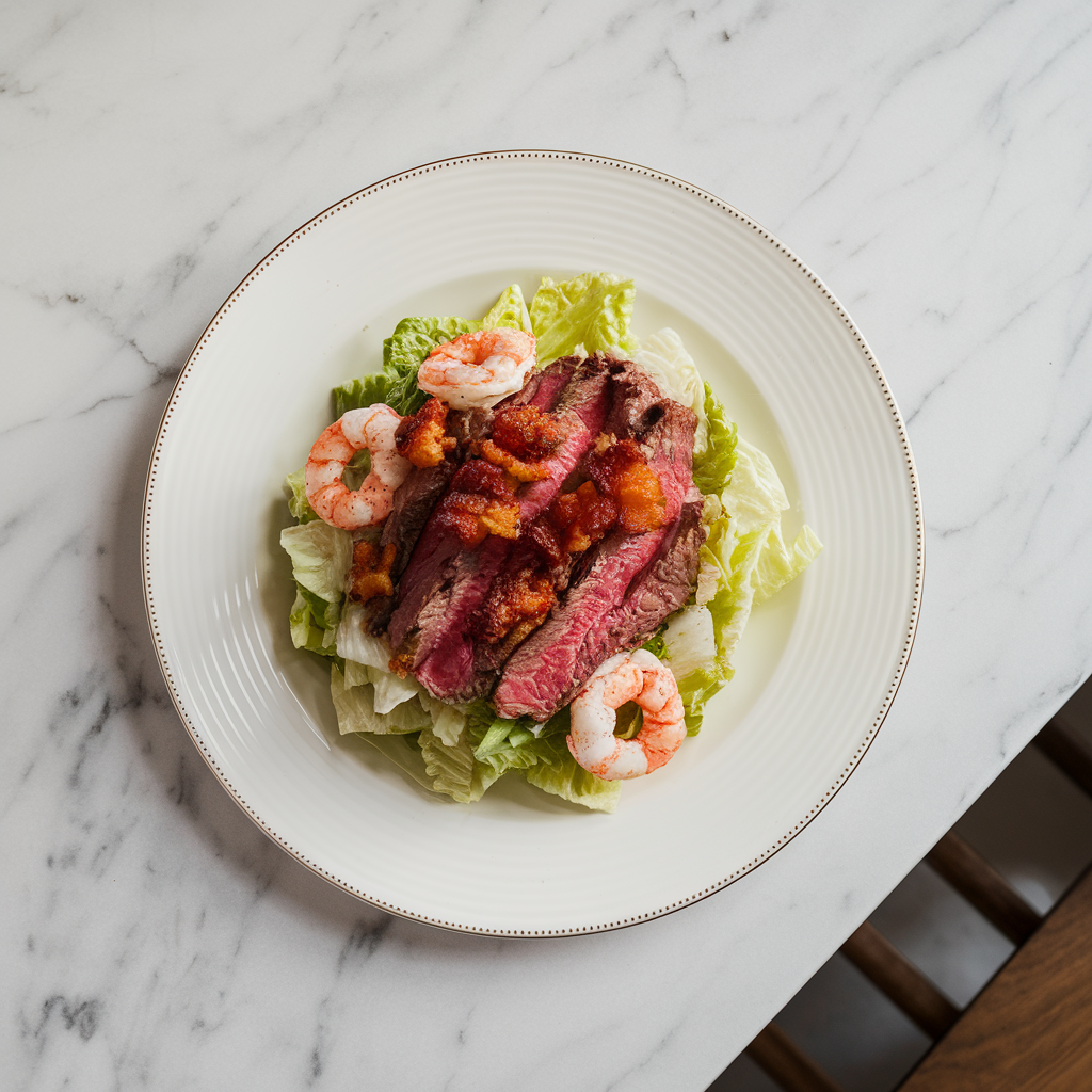 Decadent Steak & Lobster Caesar Salad with Crispy Bacon Crunch