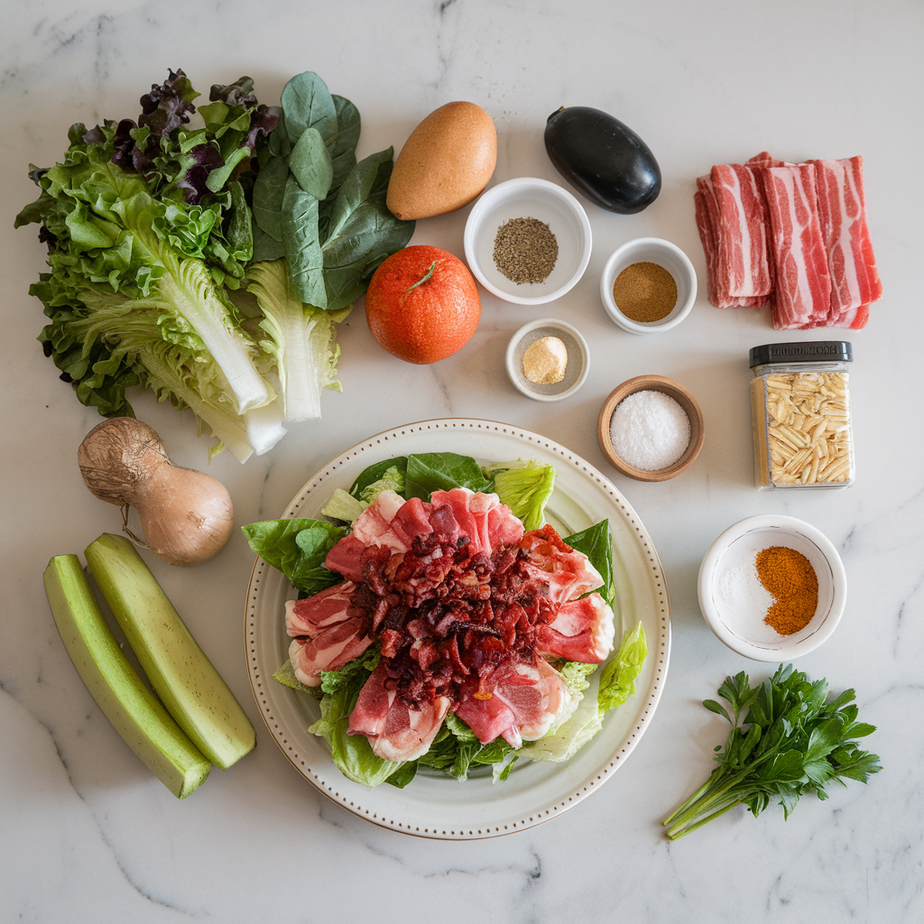 Ingredients for Decadent Steak & Lobster Caesar Salad with Crispy Bacon Crunch
