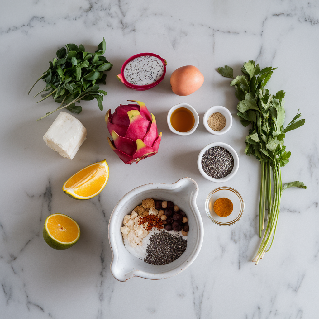 Ingredients for Dragon Fruit and Lentil Parfait with Chia Seed Crunch