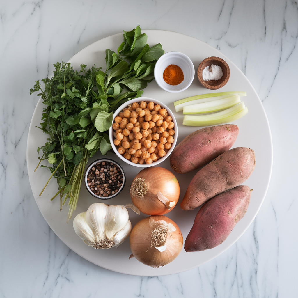 Ingredients for Easy Peasy Herb-Infused Chickpea & Sweet Potato Skillet