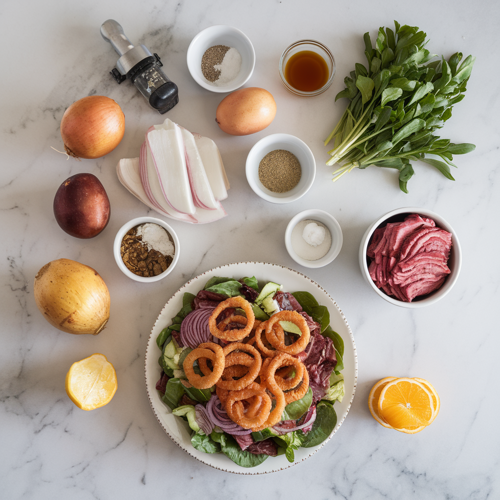 Ingredients for Epic BBQ Brisket Salad with Crispy Onion Straws