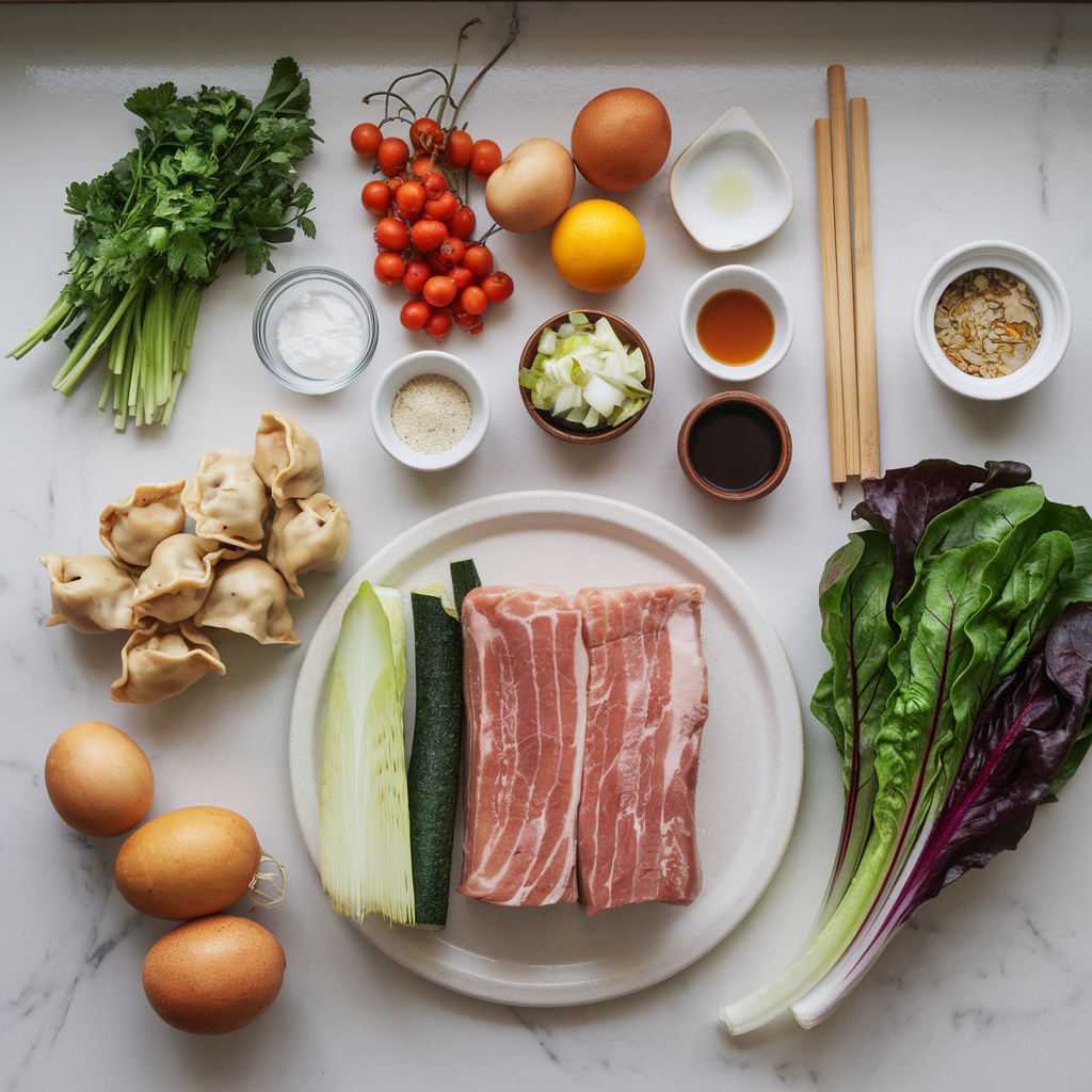 Ingredients for Epic BBQ Pork Belly and Crispy Wonton Salad Extravaganza