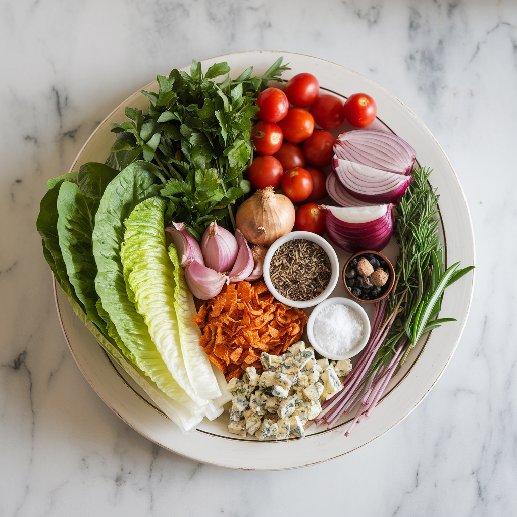Ingredients for Epic Steakhouse Sizzle Salad with Crispy Onion & Bleu Cheese Crumbles