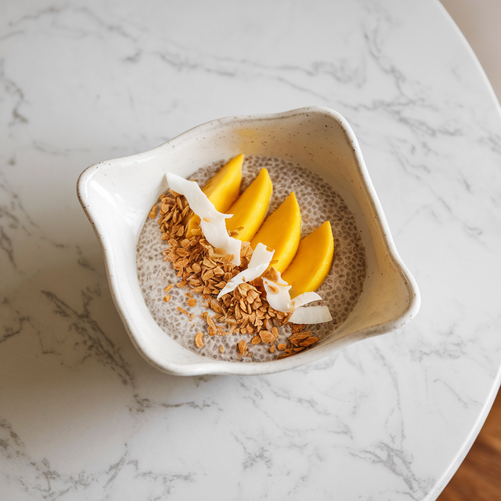 Exotic Avocado-Mango Chia Pudding with Cardamom and Toasted Coconut