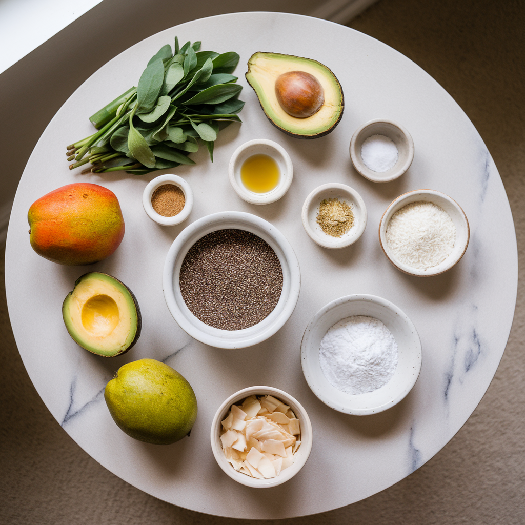 Ingredients for Exotic Avocado-Mango Chia Pudding with Cardamom and Toasted Coconut