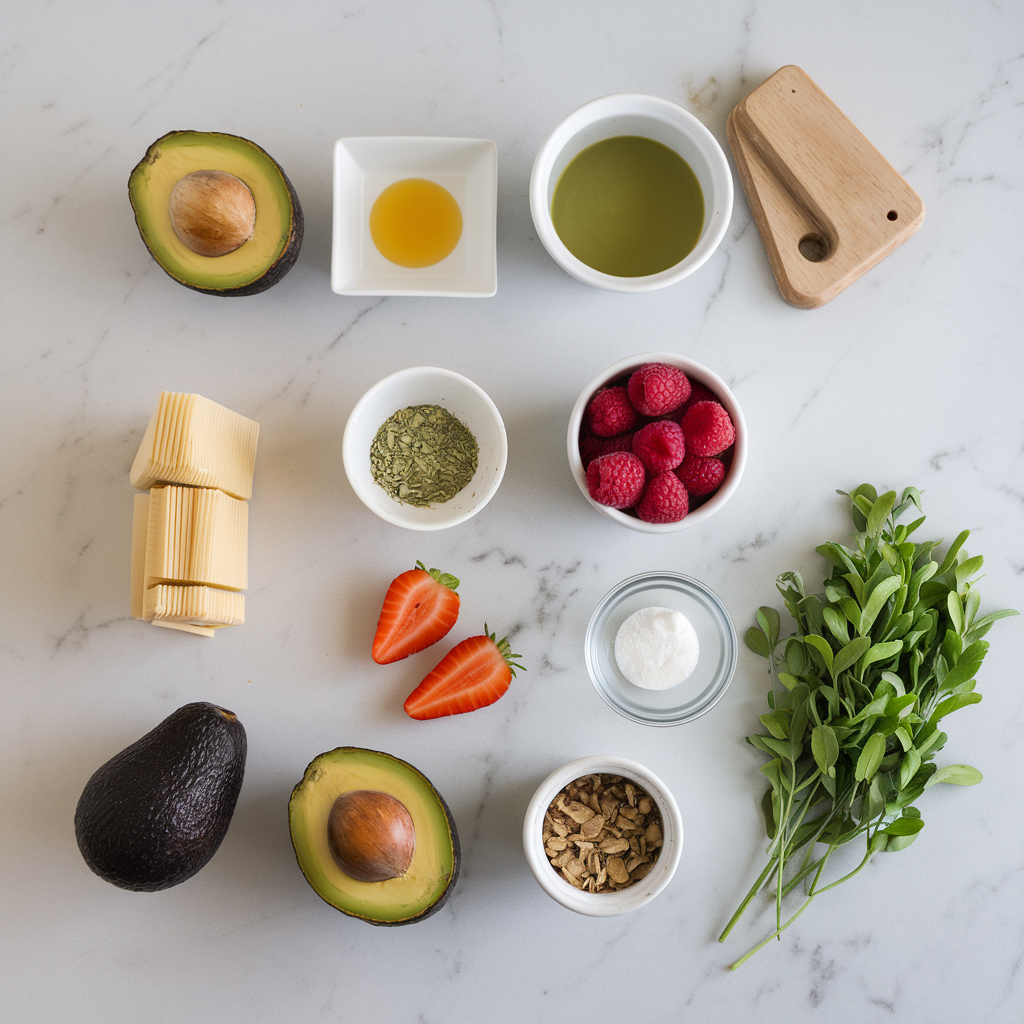 Ingredients for Exotic Avocado-Matcha Pudding With Tropical Berry Salsa