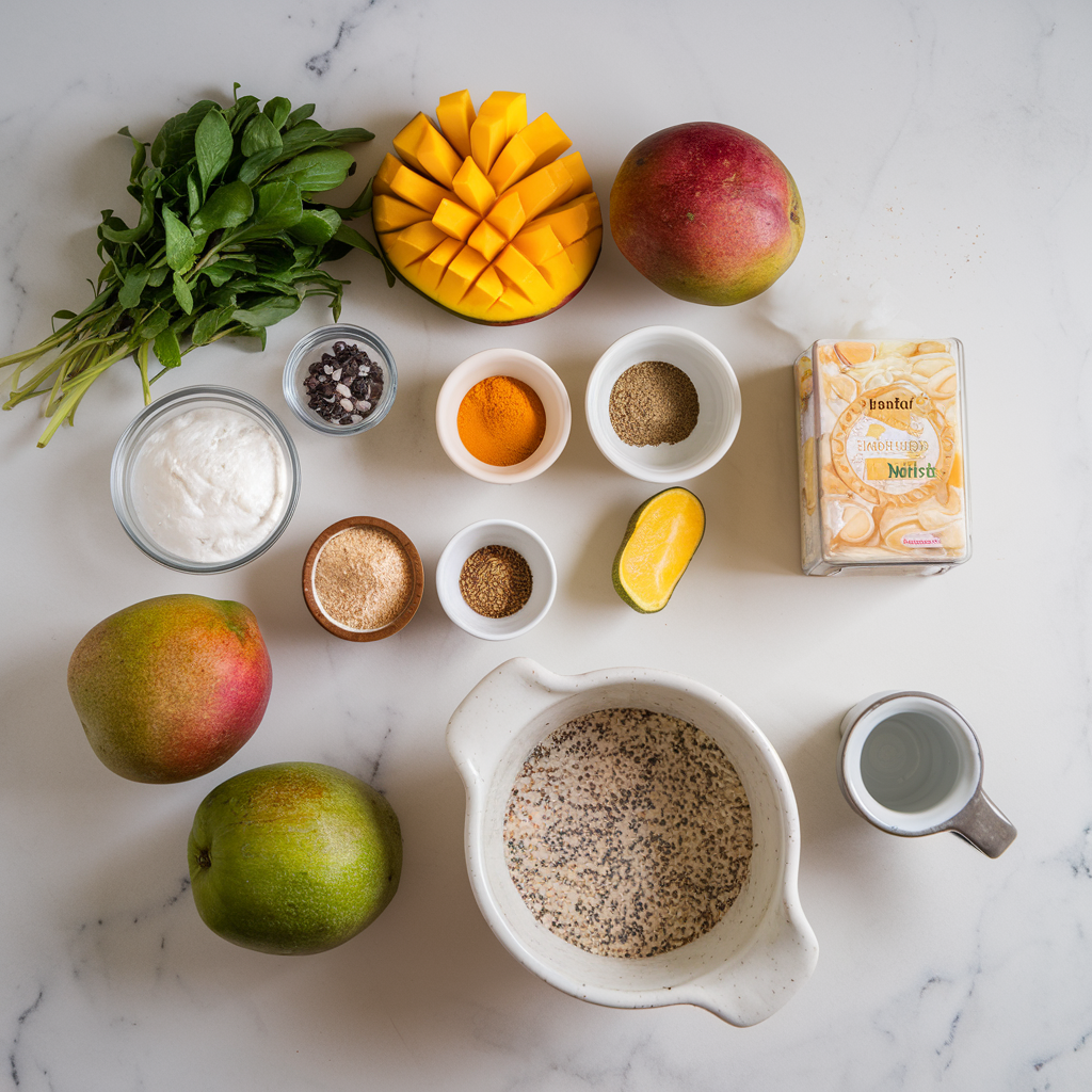 Ingredients for Exotic Black Rice and Mango Pudding with Chia Coconut Swirl