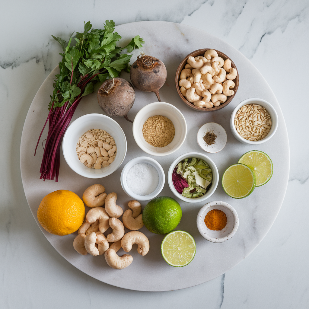 Ingredients for Exotic Black Sesame & Beetroot Bliss Balls with Cashew-Lime Drizzle