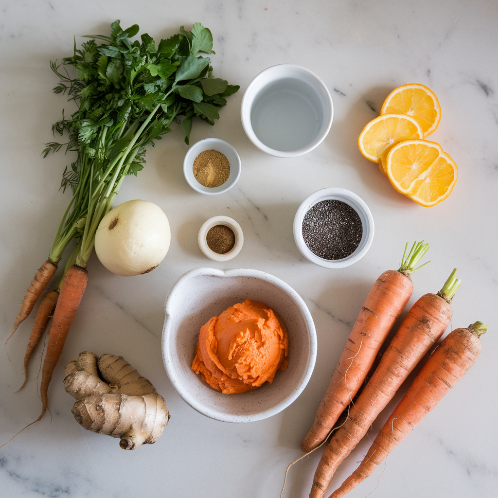 Ingredients for Exotic Carrot and Ginger Sorbet with Chia Seed Crunch