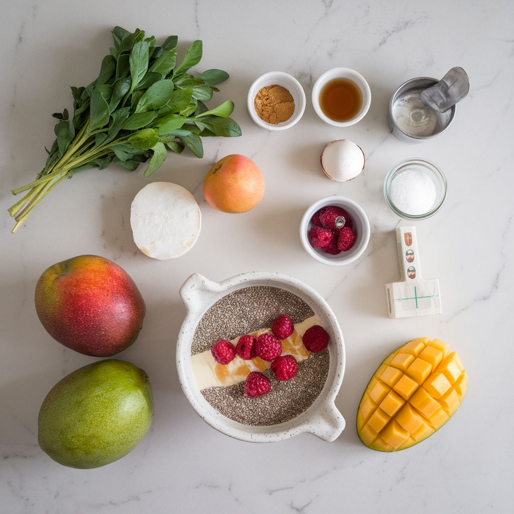 Ingredients for Exotic Chia-Coconut Mango Parfait with Spiced Berry Compote