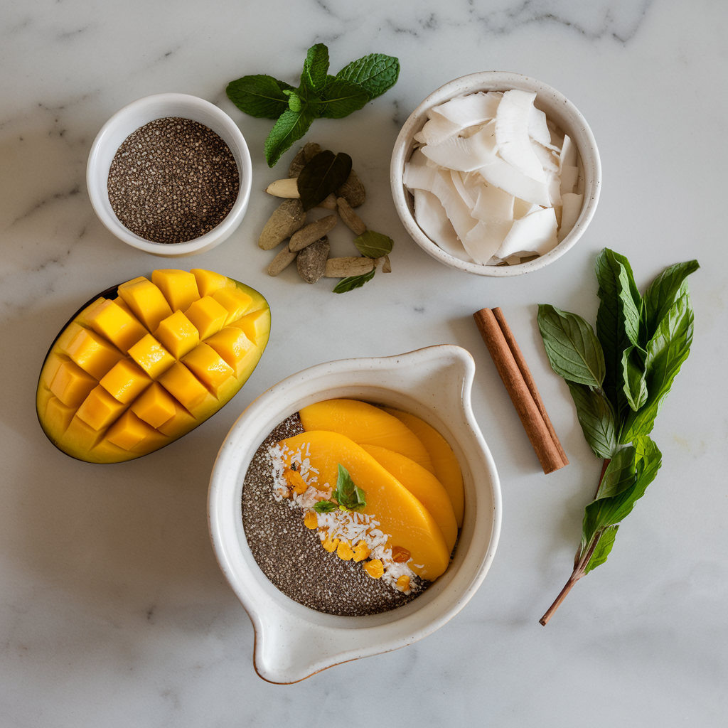 Ingredients for Exotic Chia-Coconut Mango Parfait with Herbal Infusion