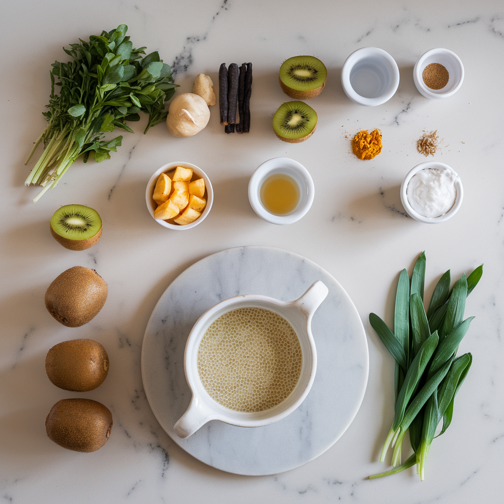 Ingredients for Exotic Chia Coconut Turmeric Pudding with Fresh Kiwi Compote