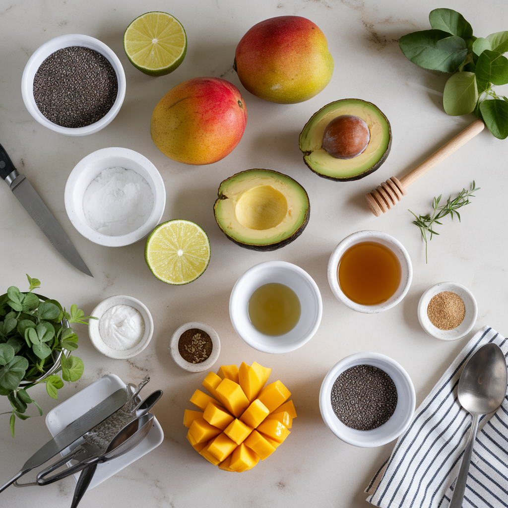Ingredients for Exotic Chia Mango Mousse with Avocado Lime Swirl