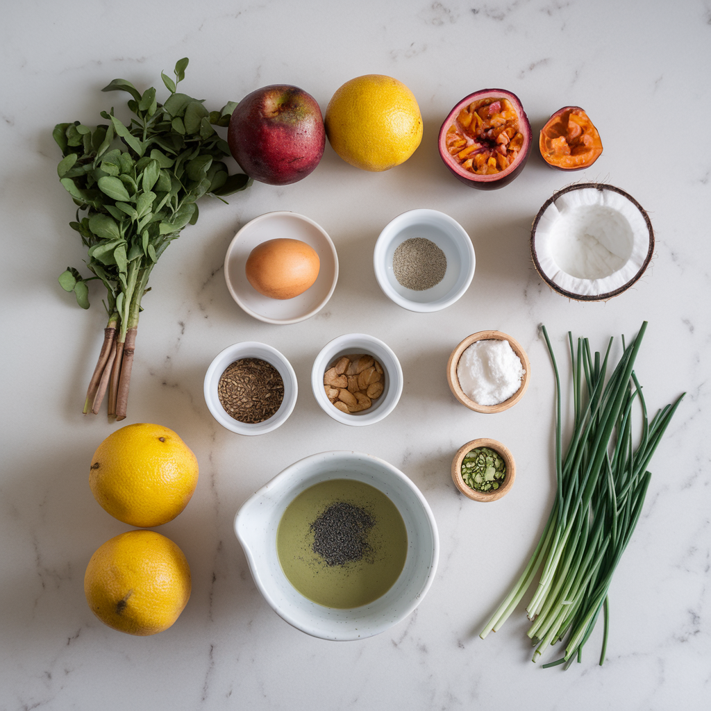 Ingredients for Exotic Chia-Passionfruit Delight with Coconut Matcha Swirl