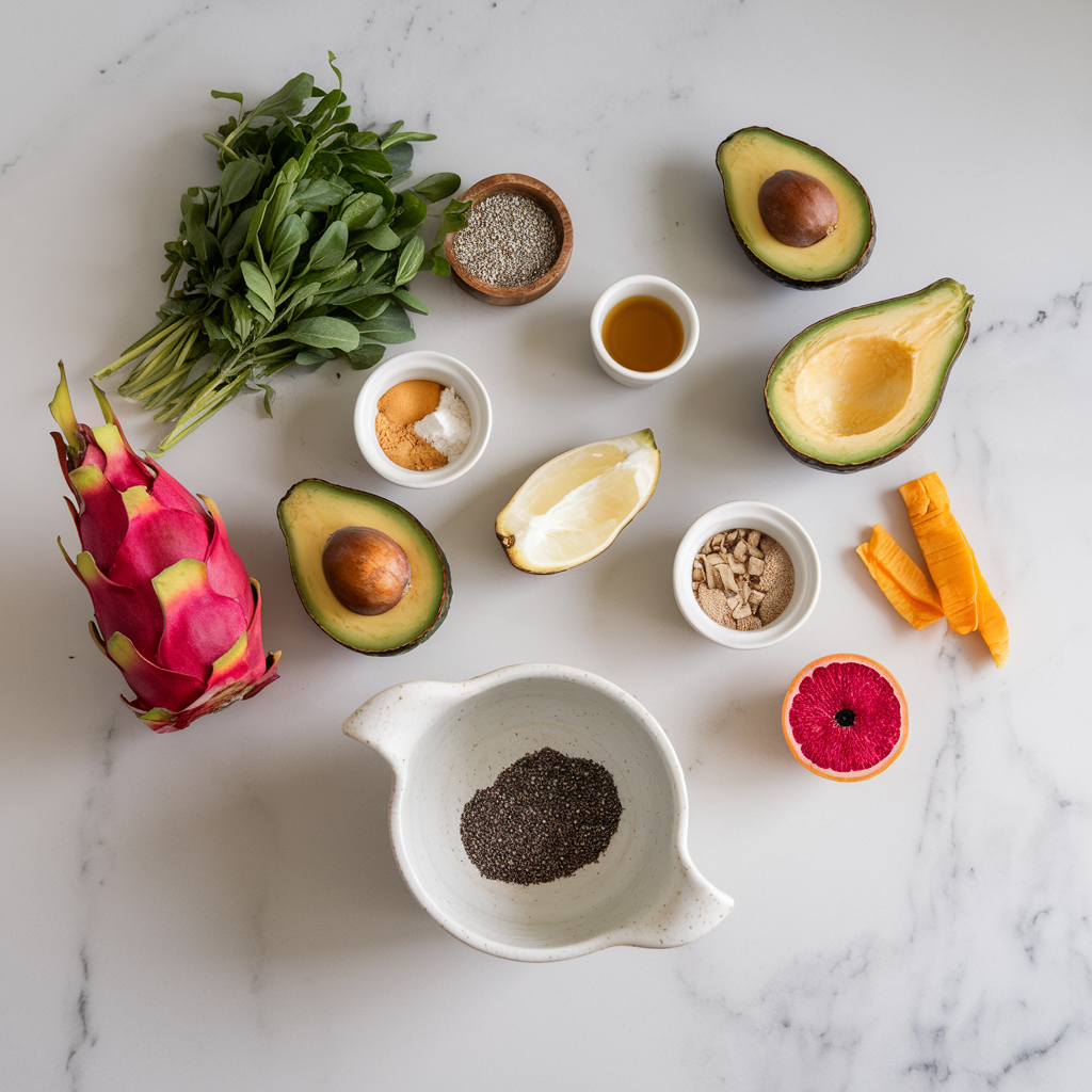 Ingredients for Exotic Dragon Fruit & Avocado Mousse Parfait with Chia Seeds