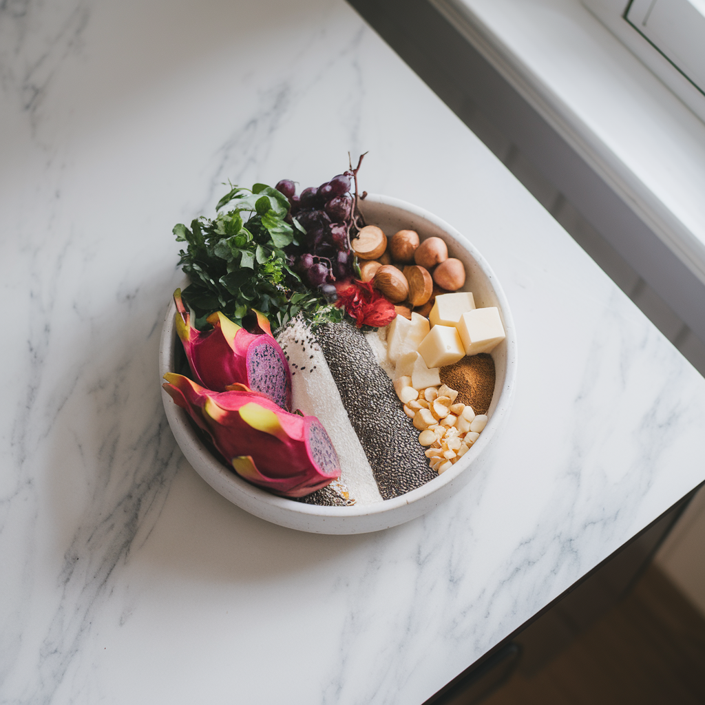 Ingredients for Exotic Dragon Fruit and Chia Cacao Bowl