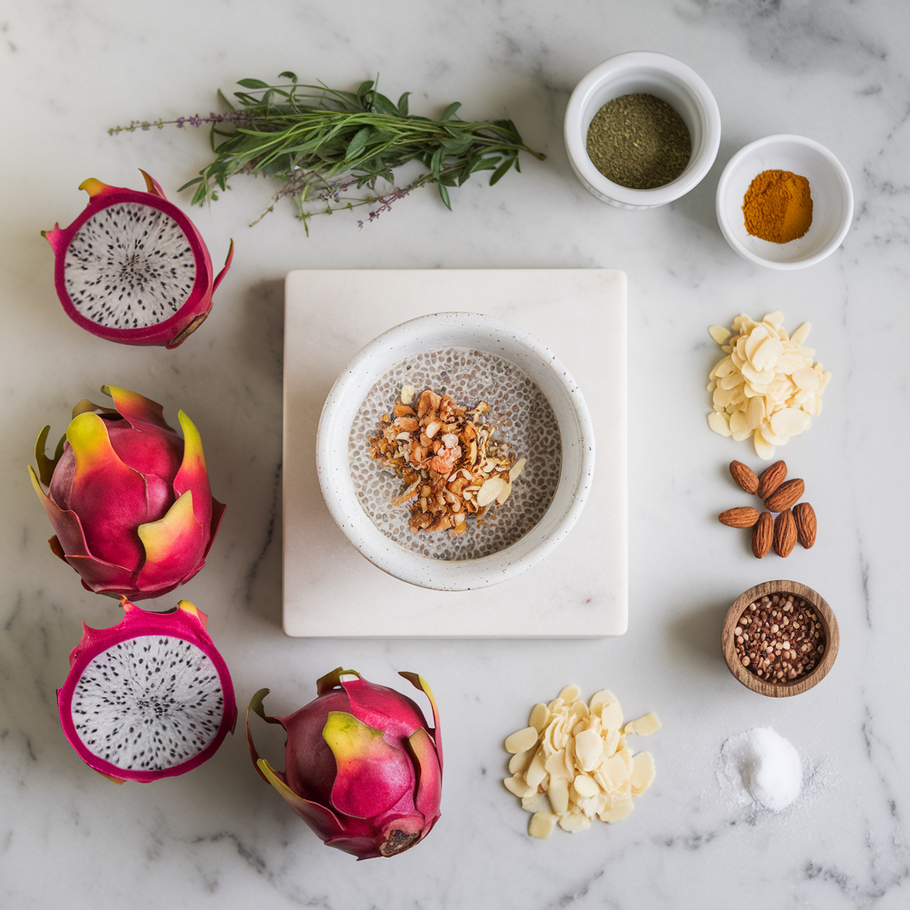 Ingredients for Exotic Dragon Fruit and Chia Parfait with Spiced Almond Crumble