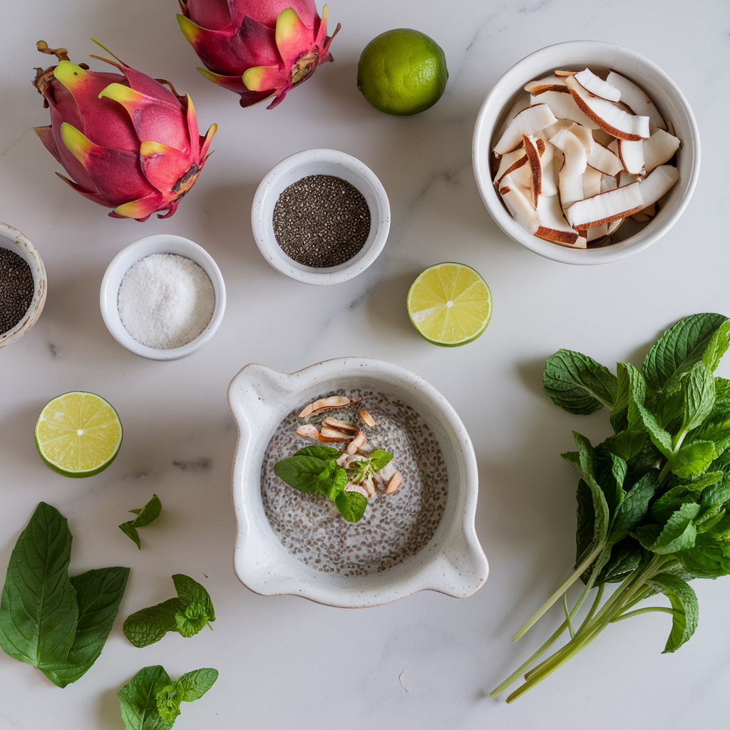 Ingredients for Exotic Dragon Fruit Chia Parfait with Toasted Coconut and Lime
