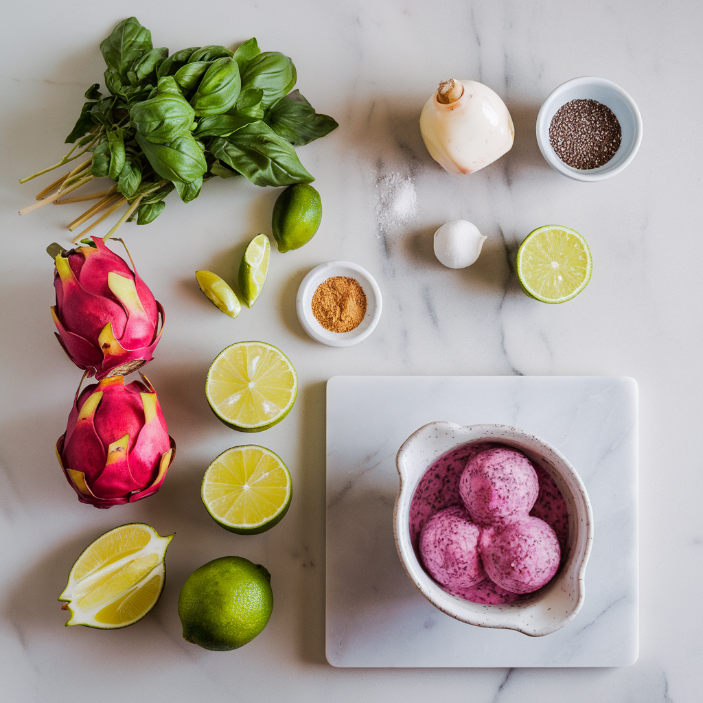 Ingredients for Exotic Dragon Fruit and Chia Seed Sorbet with Basil and Lime