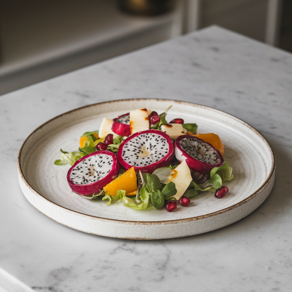Exotic Dragon Fruit and Grilled Halloumi Salad with Pomegranate Vinaigrette