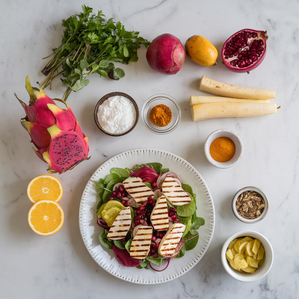 Ingredients for Exotic Dragon Fruit and Grilled Halloumi Salad with Pomegranate Vinaigrette