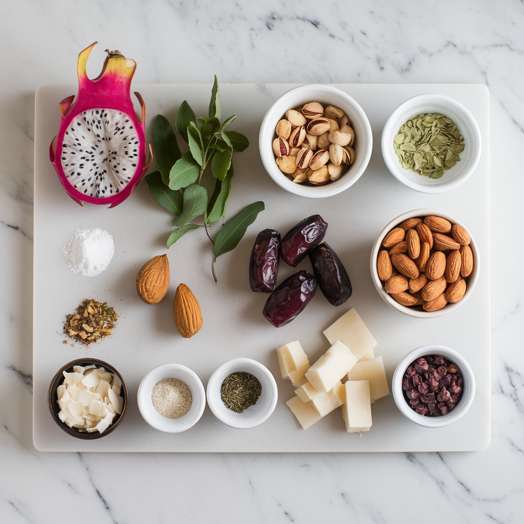 Ingredients for Exotic Dragon Fruit & Pistachio Bliss Bars