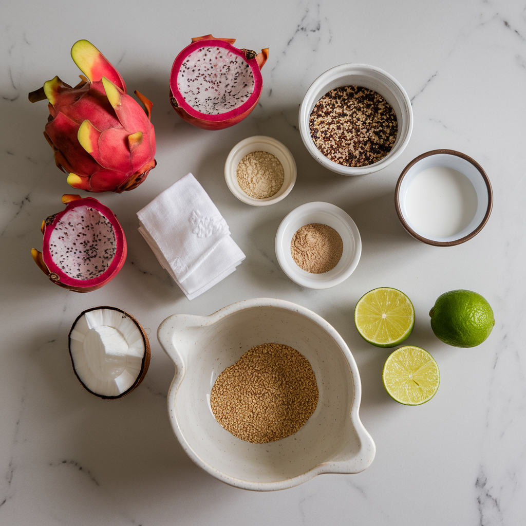 Ingredients for Exotic Dragonfruit and Quinoa Pudding with Coconut Lime Drizzle