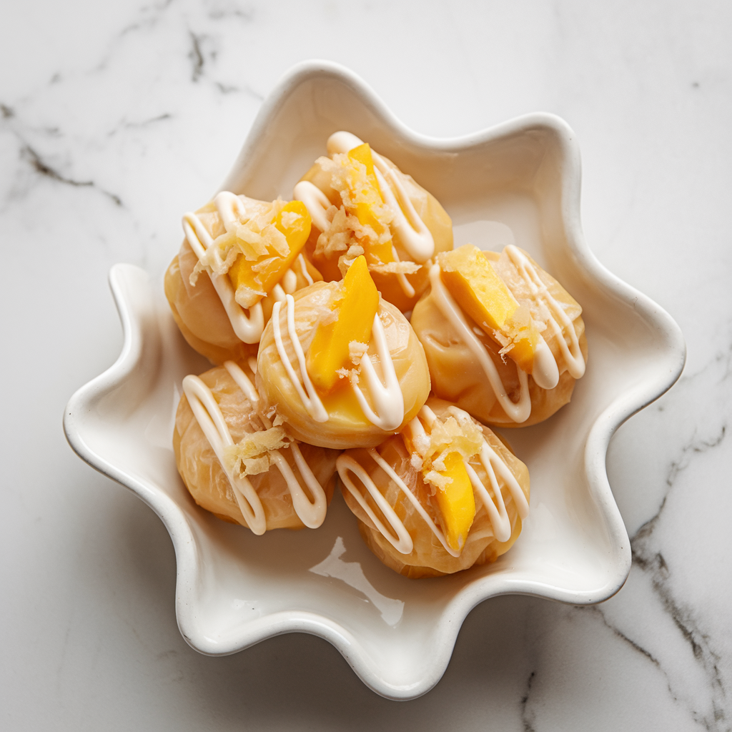 Exotic Ginger and Mango Mochi with a Coconut Drizzle