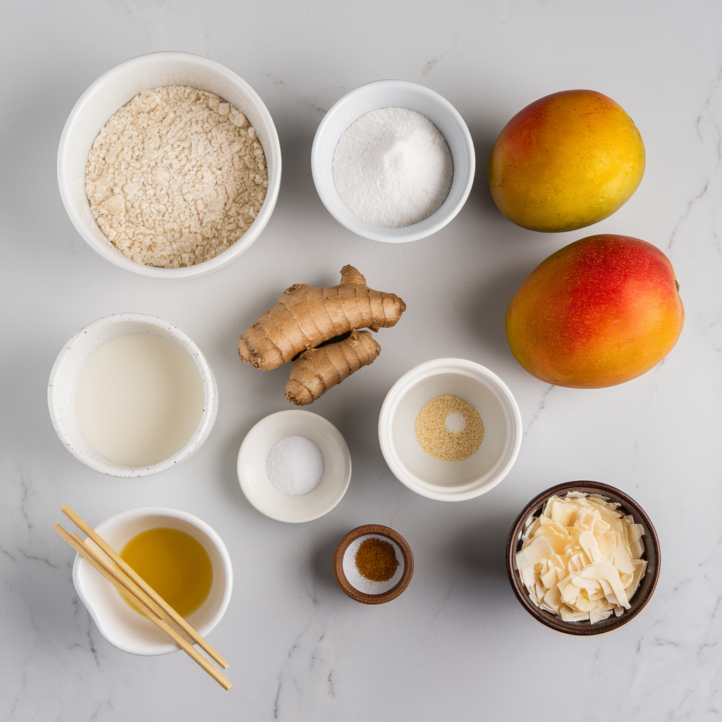 Ingredients for Exotic Ginger and Mango Mochi with a Coconut Drizzle