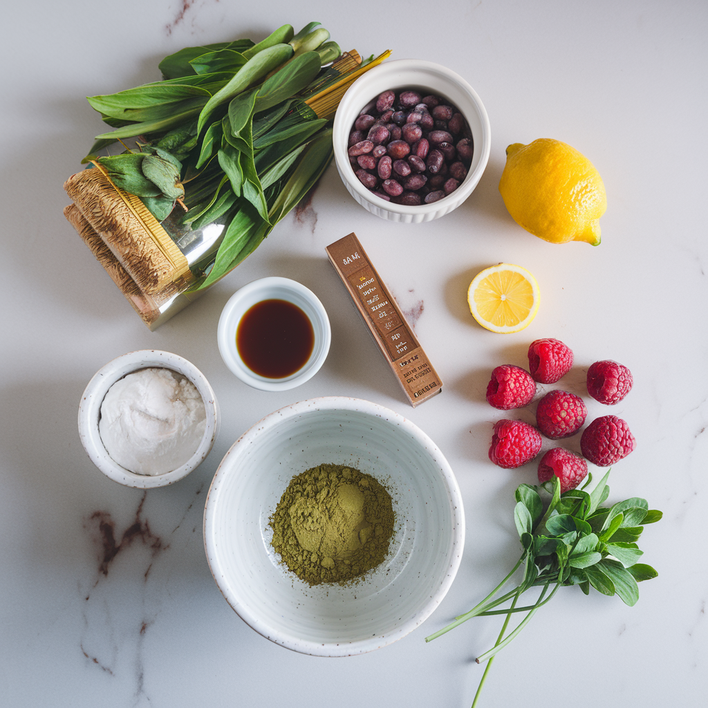 Ingredients for Exotic Green Matcha and Black Bean Brownie Parfait