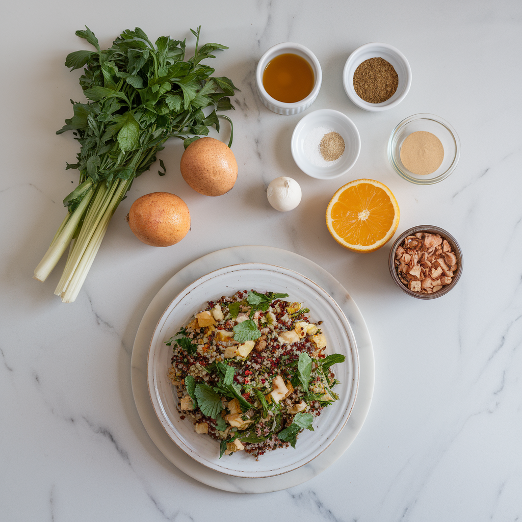 Ingredients for Exotic Herb-Infused Quinoa and Jackfruit Salad with Citrus Tahini Dressing