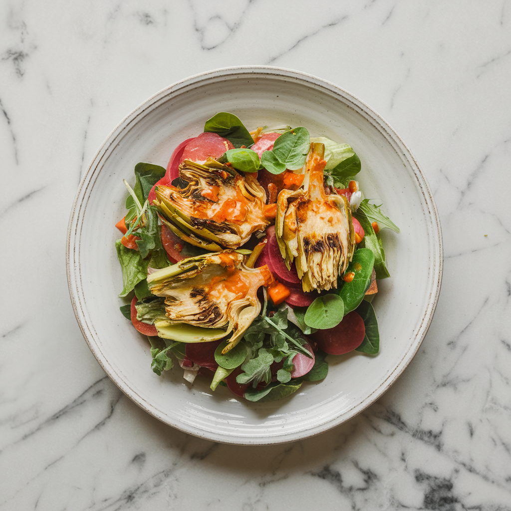 Exotic Jackfruit and Grilled Artichoke Salad with Spicy Tamarind Dressing