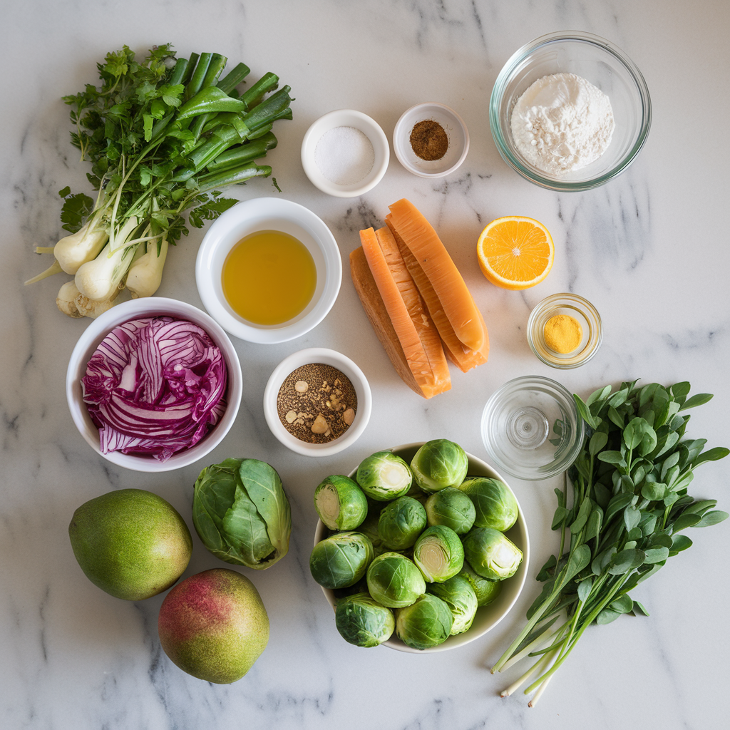 Ingredients for Exotic Jackfruit and Roasted Brussels Sprouts Salad with Spicy Mango Dressing