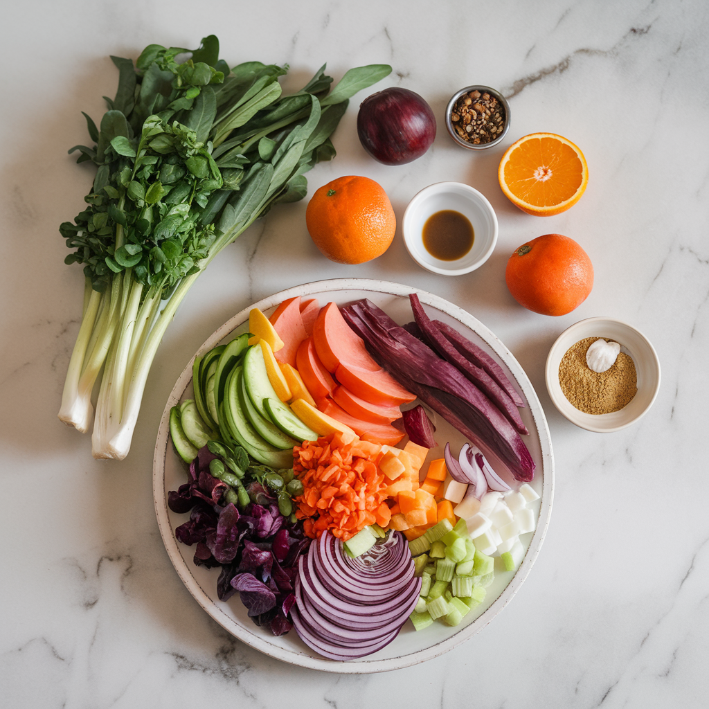 Ingredients for Exotic Jackfruit and Seitan Rainbow Salad with Balsamic Orange Vinaigrette